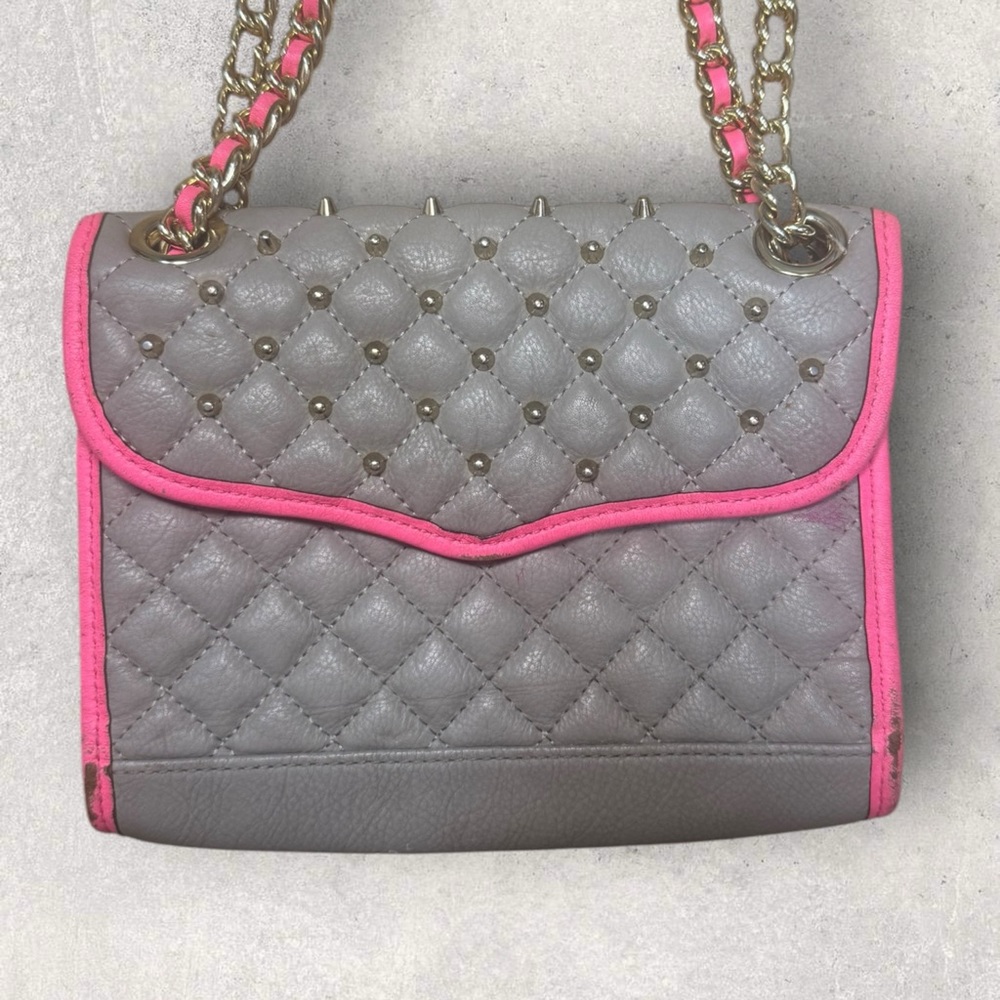 Rebecca Minkoff Affair Mini Studded Convertible Crossbody Bag Grey Neon Pink - Picture 2 of 15